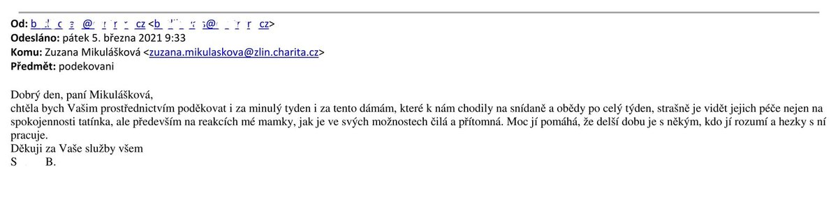 "Rodičům přítomnost pečovatelek moc pomáhá," napsala dcera uživatelů služby