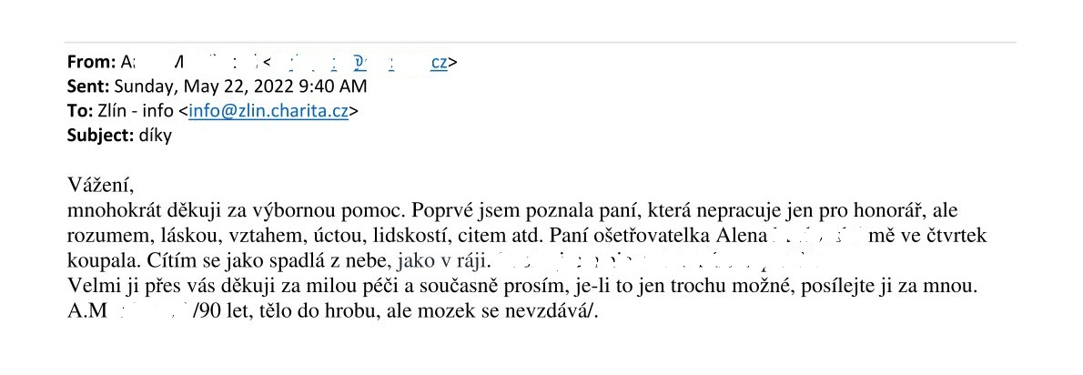Devadesátiletá uživatelka poděkovala za péči prováděnou s láskou, úctou, lidskostí